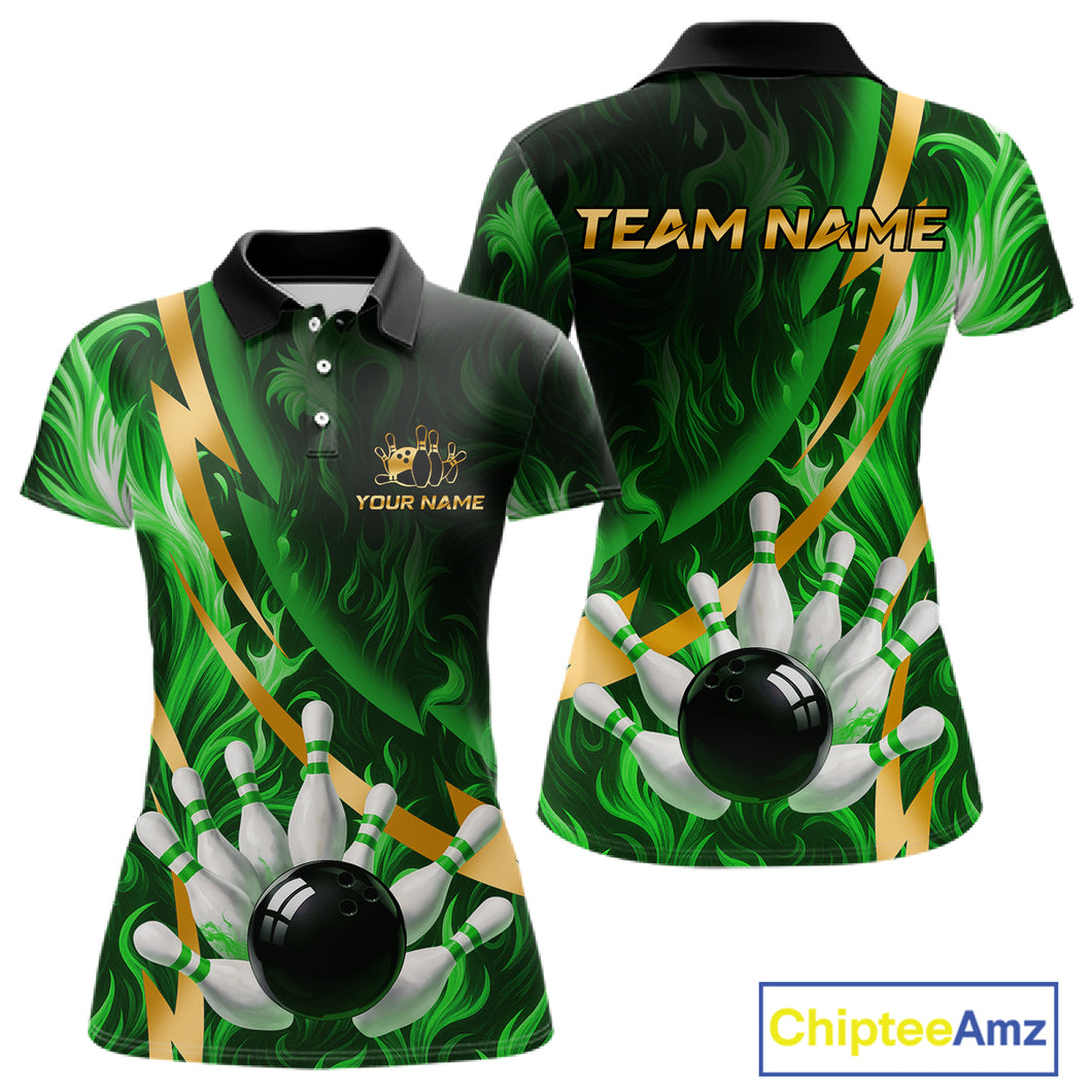 Personalized Bowling Polo, Quarter Zip Shirts for Women Custom Green Flame & Gold Bowling Team Jersey NQS11145