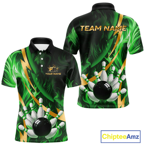 Personalized Bowling Polo, Quarter Zip Shirts for Men Custom Green Flame and Gold Bowling Team Jersey NQS11145