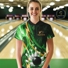 Load image into Gallery viewer, Personalized Bowling Polo, Quarter Zip Shirts for Women Custom Green Flame &amp; Gold Bowling Team Jersey NQS11145