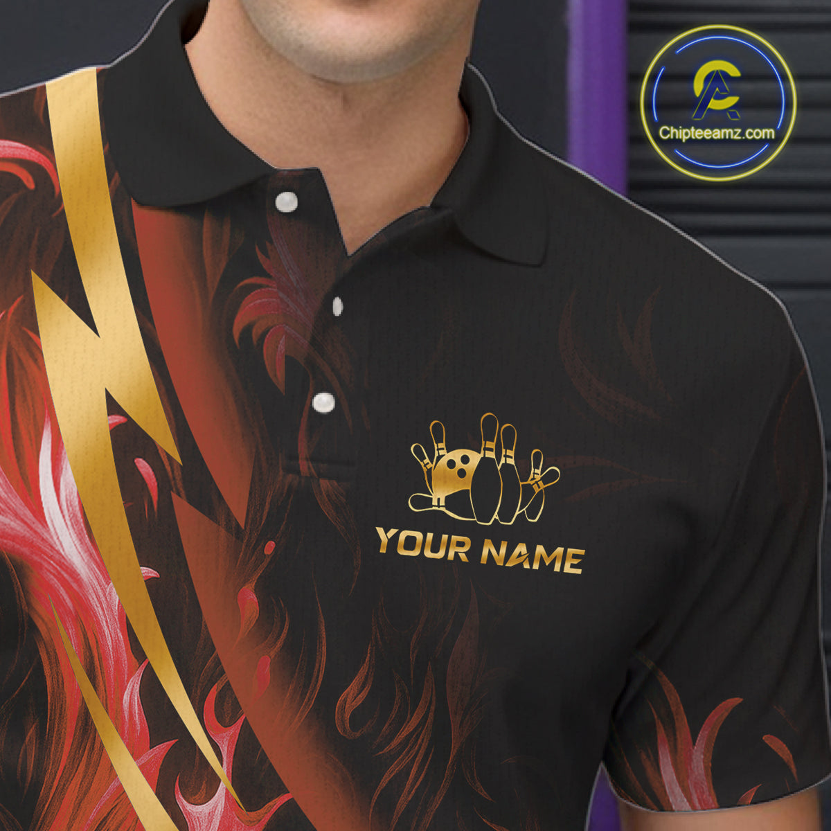 Personalized Bowling Polo, Quarter Zip Shirts for Men Custom Red Flame and Gold Bowling Team Jersey NQS11146
