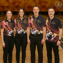 Load image into Gallery viewer, Personalized Bowling Polo, Quarter Zip Shirts for Women Custom Red Flame &amp; Gold Bowling Team Jersey NQS11146
