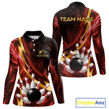 Load image into Gallery viewer, Personalized Bowling Polo, Quarter Zip Shirts for Women Custom Red Flame &amp; Gold Bowling Team Jersey NQS11146