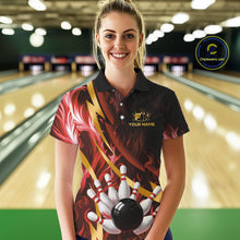 Load image into Gallery viewer, Personalized Bowling Polo, Quarter Zip Shirts for Women Custom Red Flame &amp; Gold Bowling Team Jersey NQS11146