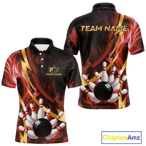 Personalized Bowling Polo, Quarter Zip Shirts for Men Custom Red Flame and Gold Bowling Team Jersey NQS11146