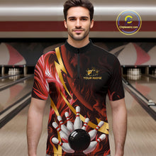 Load image into Gallery viewer, Personalized Bowling Polo, Quarter Zip Shirts for Men Custom Red Flame and Gold Bowling Team Jersey NQS11146
