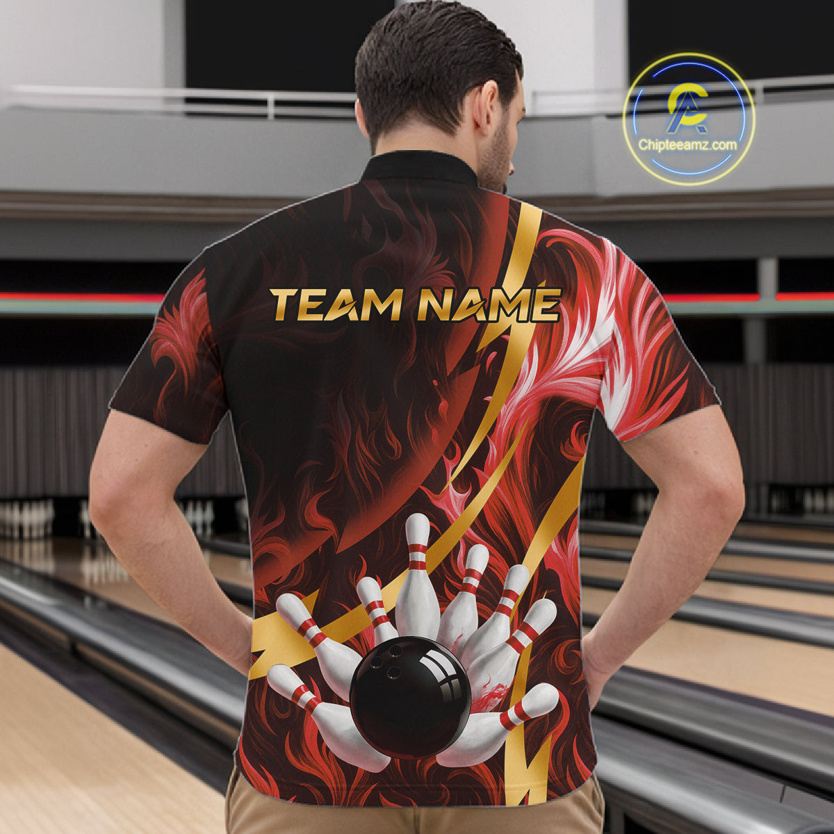 Personalized Bowling Polo, Quarter Zip Shirts for Men Custom Red Flame and Gold Bowling Team Jersey NQS11146