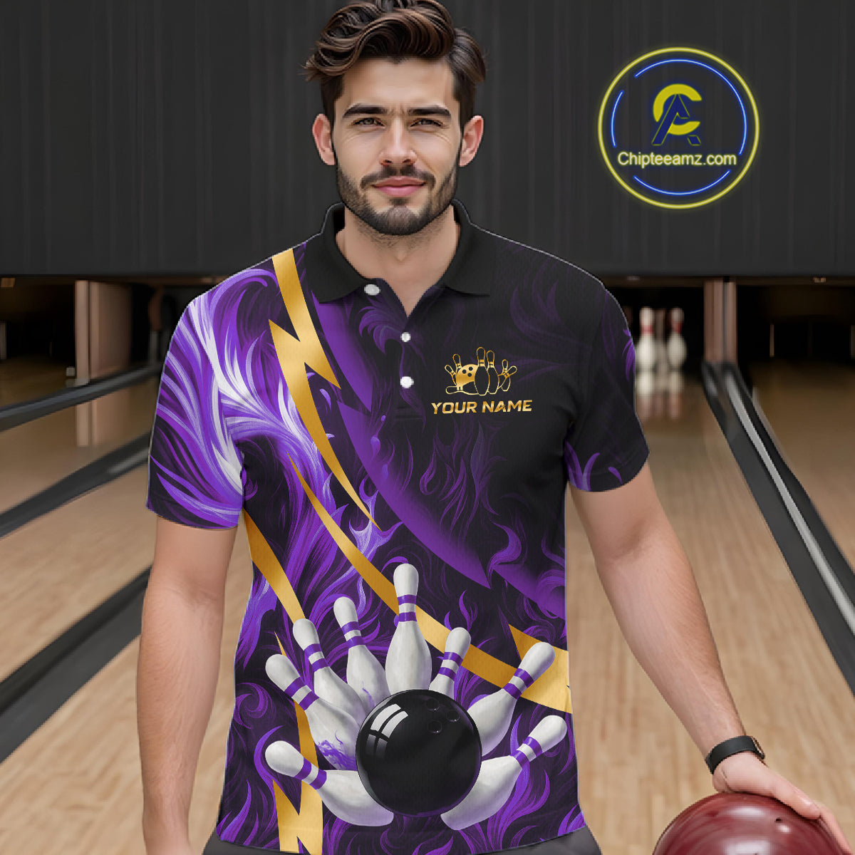 Personalized Bowling Polo, Quarter Zip Shirt for Men Custom Purple Flame and Gold Bowling Team Jersey NQS11147