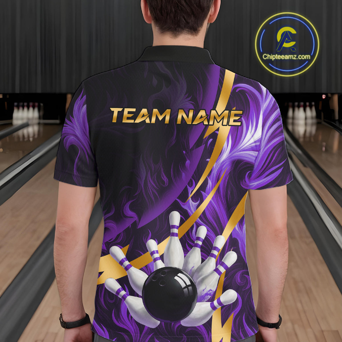 Personalized Bowling Polo, Quarter Zip Shirt for Men Custom Purple Flame and Gold Bowling Team Jersey NQS11147