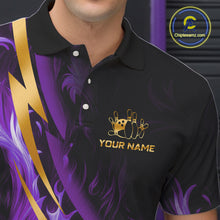 Load image into Gallery viewer, Personalized Bowling Polo, Quarter Zip Shirt for Men Custom Purple Flame and Gold Bowling Team Jersey NQS11147