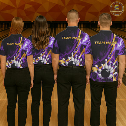 Personalized Bowling Polo, Quarter Zip Shirt for Women Custom Purple Flame & Gold Bowling Team Jersey NQS11147