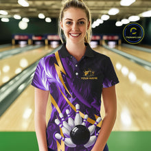 Load image into Gallery viewer, Personalized Bowling Polo, Quarter Zip Shirt for Women Custom Purple Flame &amp; Gold Bowling Team Jersey NQS11147
