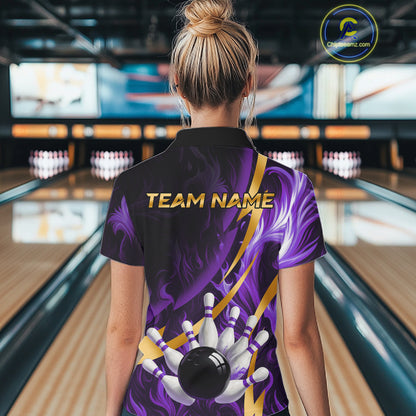 Personalized Bowling Polo, Quarter Zip Shirt for Women Custom Purple Flame & Gold Bowling Team Jersey NQS11147
