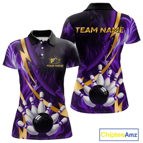 Personalized Bowling Polo, Quarter Zip Shirt for Women Custom Purple Flame & Gold Bowling Team Jersey NQS11147
