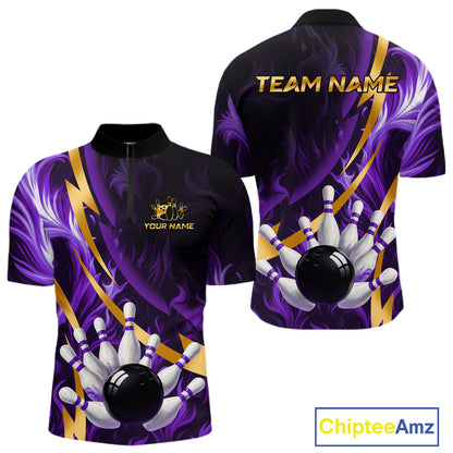 Personalized Bowling Polo, Quarter Zip Shirt for Men Custom Purple Flame and Gold Bowling Team Jersey NQS11147
