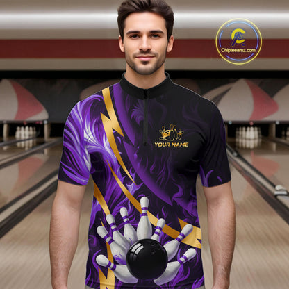 Personalized Bowling Polo, Quarter Zip Shirt for Men Custom Purple Flame and Gold Bowling Team Jersey NQS11147