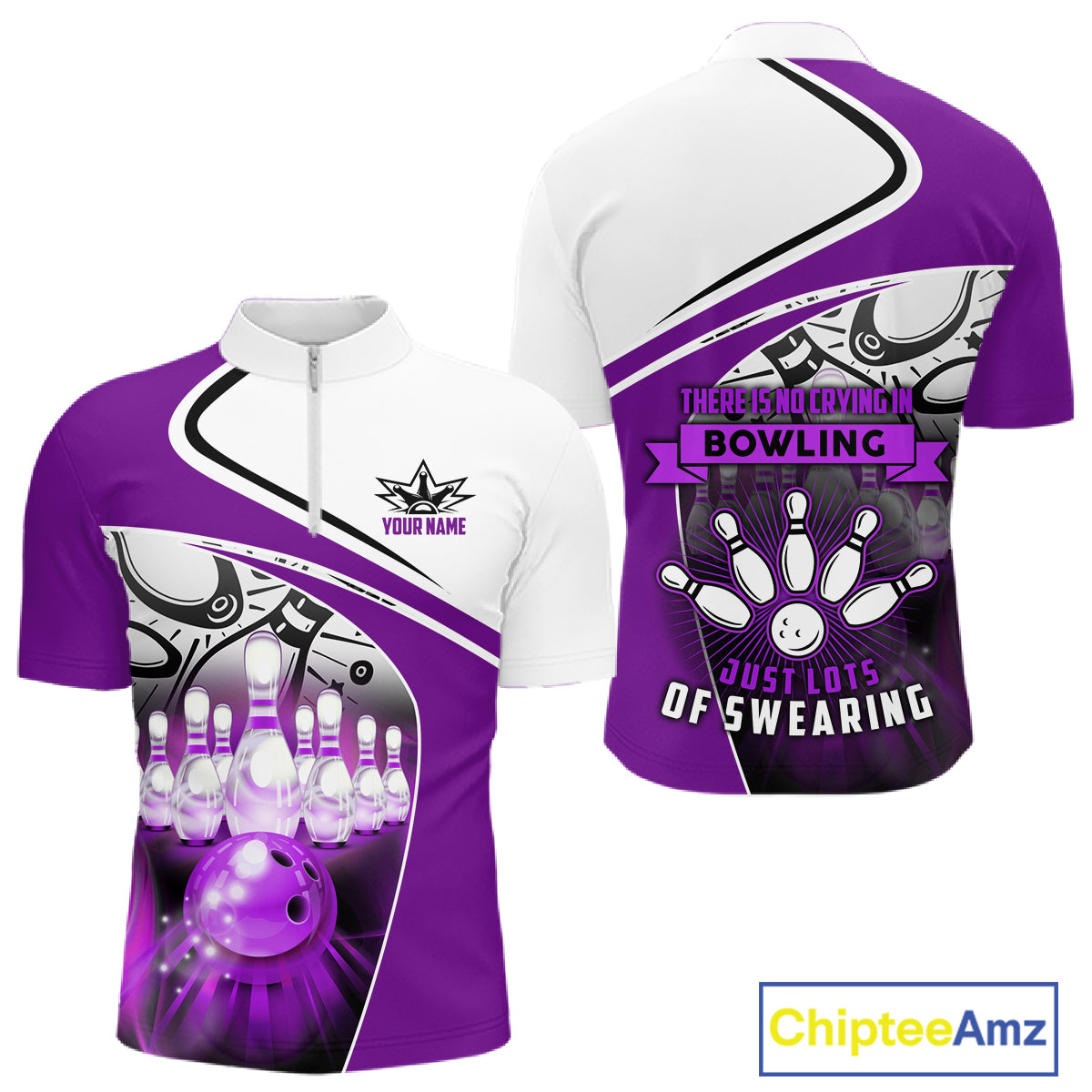 Funny Bowling Shirts For Men custom name There is no crying in bowling just lots of swearing | Purple NQS11351