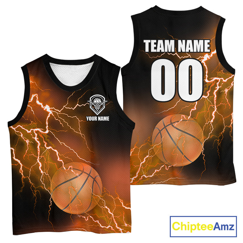 Custom orange lightning thunder Basketball Team Jersey, personalized All Over Print Basketball Shirts NQS11354