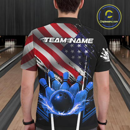 Personalized American Flag Bowling Team Shirts For Men, Black and Blue Patriotic Bowling Gifts NQS11357