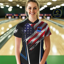 Load image into Gallery viewer, Personalized American Flag Bowling Team Shirts For Women, Black and Blue Patriotic Bowling Gifts NQS11357
