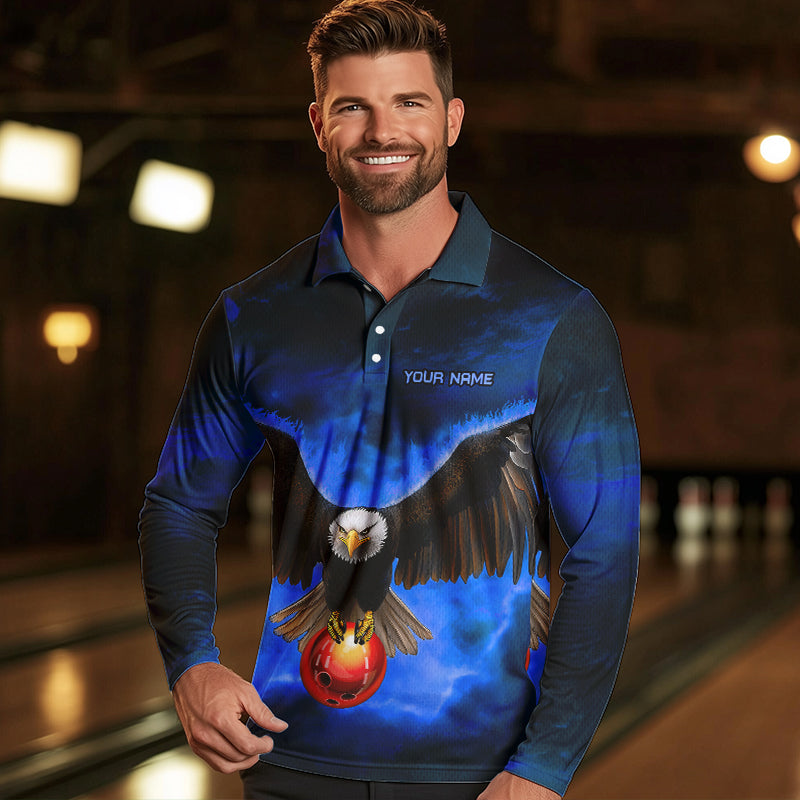 Personalized Blue Flame Eagle Custom Bowling Team Shirts For Mens, Fire Eagle Bowling League Jersey NQS9614
