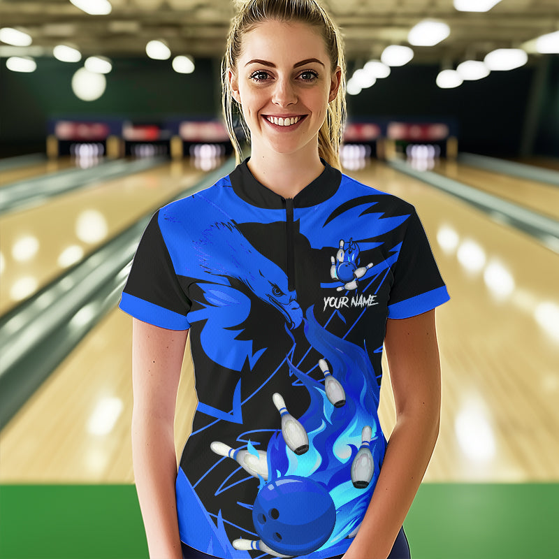 Eagle flame bowling ball and pins custom Women Bowling Shirts, team bowling jerseys | Blue NQS9616