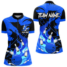 Load image into Gallery viewer, Eagle flame bowling ball and pins custom Women Bowling Shirts, team bowling jerseys | Blue NQS9616