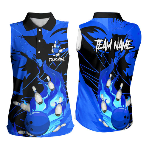 Eagle flame bowling ball and pins custom Bowling Sleeveless Polo Shirt, team bowling jerseys | Blue NQS9616