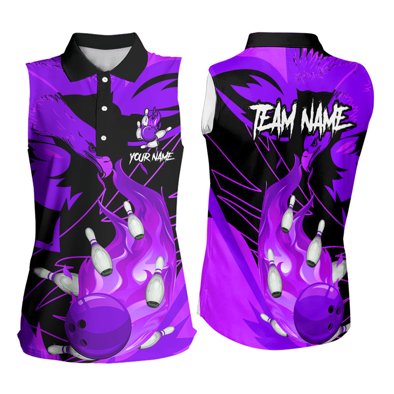 Eagle flame bowling ball and pins custom Bowling Sleeveless Polo Shirt, team bowling jerseys | Purple NQS9617