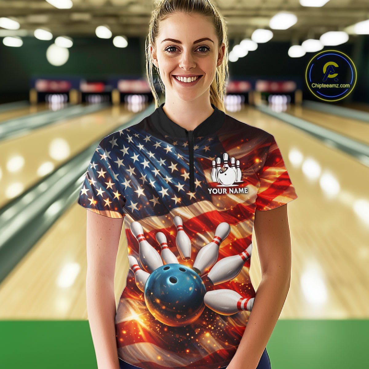 American Flag Bowling Ball and pins Bowling Shirts for Women Custom Patriotic Bowling Team jerseys NQS11698