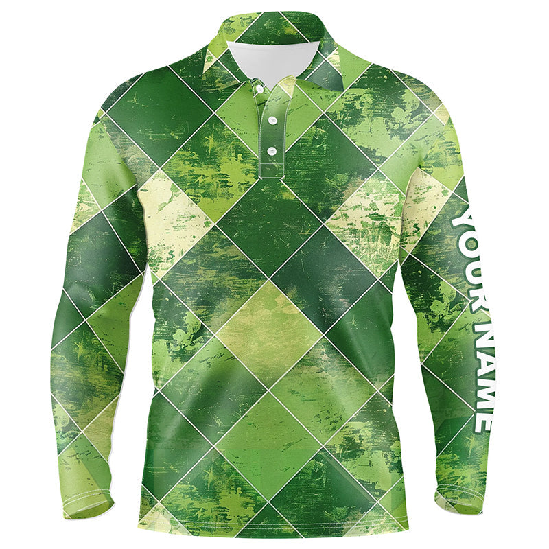 Green argyle plaid pattern Mens golf polo shirts custom mens golf apparel, green golf tops NQS7373