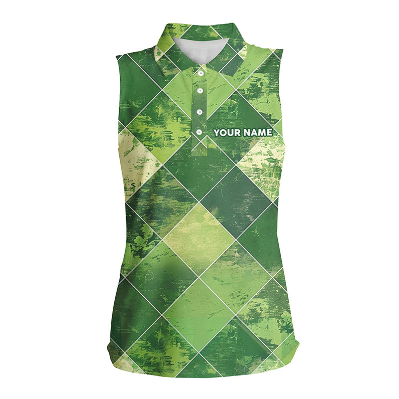 Green argyle plaid pattern Womens sleeveless golf shirt custom ladies golf apparel, green golf tops NQS7373