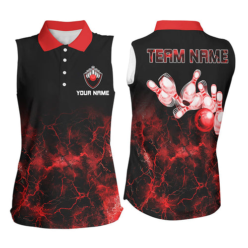 Personalized Women sleeveless polo shirts Red lightning Bowling Ball Pins bowling jerseys for Bowler NQS7376