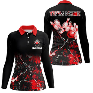 Womens bowling polo shirt Red lightning thunder custom Bowling Ball Pins bowling jerseys for Bowler NQS7377