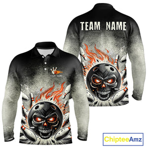 Funny Flame Skull Bowling Ball and Pins Retro Black Bowling Shirt For Men Custom Bowling Team Jersey NQS9794