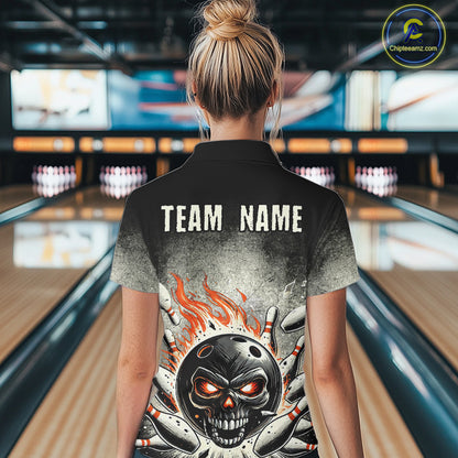 Funny Flame Skull Bowling Ball and Pins Retro Black Bowling Shirt For Women Custom Bowling Team Jersey NQS9794