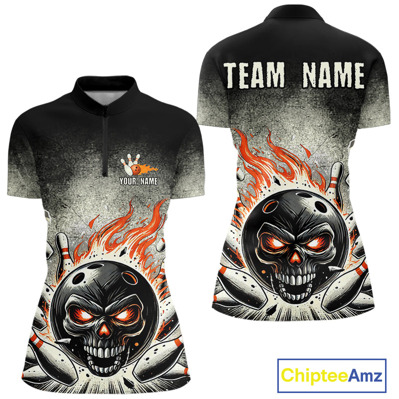 Funny Flame Skull Bowling Ball and Pins Retro Black Bowling Shirt For Women Custom Bowling Team Jersey NQS9794