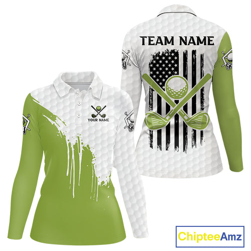 Green and White American Flag Golf Polo shirt for Women Custom patriotic golf team uniform outfit NQS9796