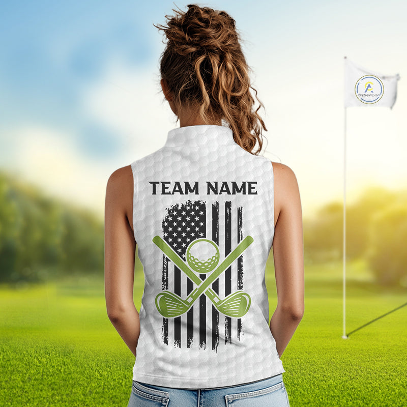 Green and White American Flag womens golf shirts sleeveless Custom patriotic golf team uniform outfit NQS9796