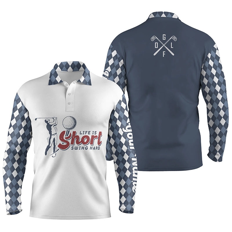 Funny Mens golf polo shirt custom life is short swing hard blue argyle pattern team golf polo shirts NQS5358