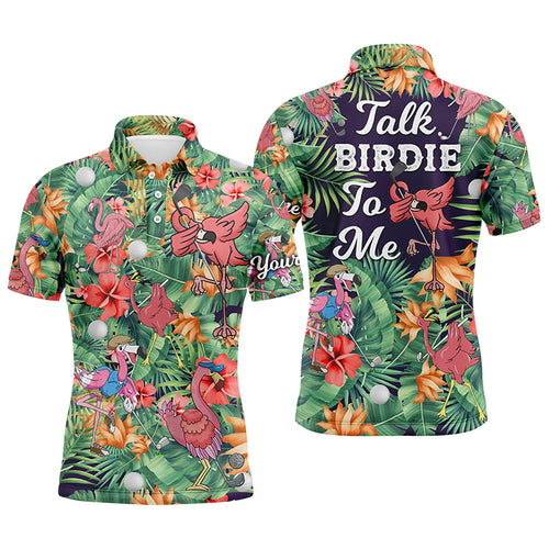 Funny Mens golf polo shirt custom green tropical flower flamingo golf shirts talk birdie to me NQS5364