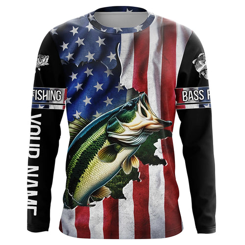 Largemouth Bass fishing American Flag Patriotic Fourth of July personalized fishing shirts NQS403