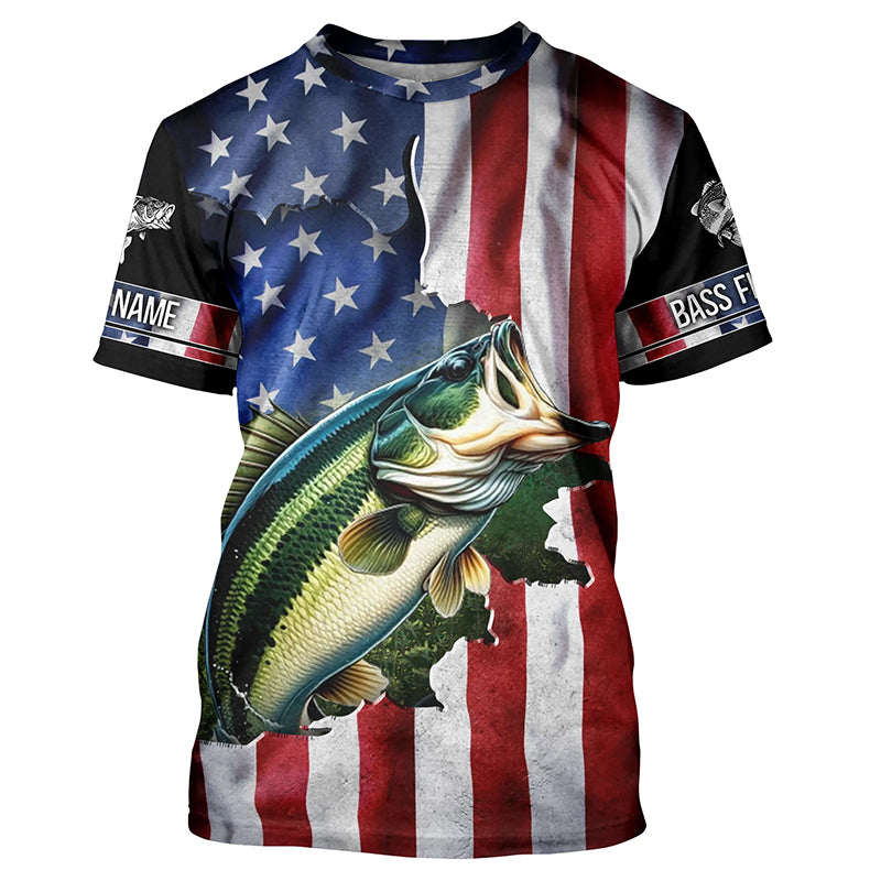 Largemouth Bass fishing American Flag Patriotic Fourth of July personalized fishing shirts NQS403