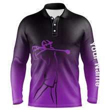 Load image into Gallery viewer, Mens golf polos shirts custom name purple gradient golf apparel, coolest polo shirts for mens NQS7953