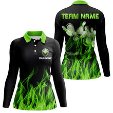 Load image into Gallery viewer, Green flame Womens bowling polo shirt black Bowling Jerseys Personalized Bowling Team Shirts NQS6034