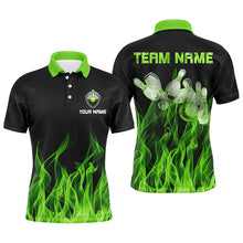 Load image into Gallery viewer, Personalized Men polo Bowling Shirt Green Flame Bowling Ball and Pins bowling jerseys for men Bowler NQS6034