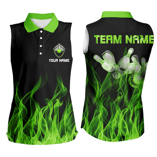 Personalized Women sleeveless polo shirts Green Flame Bowling Ball and Pins bowling jerseys for Bowler NQS6034