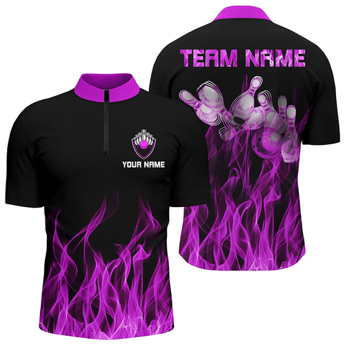 Personalized Men Quarter Zip Bowling Shirt Purple Flame Bowling Ball & Pins bowling jerseys for Bowler NQS6035