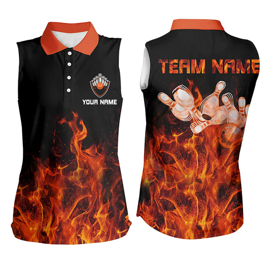 Personalized Women sleeveless polo shirts Orange Flame Bowling Ball & Pins bowling jerseys for Bowler NQS6036
