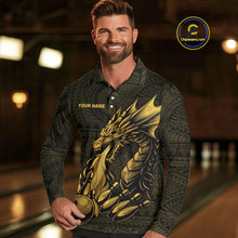 Load image into Gallery viewer, Custom Tribal pattern Gold Dragon Bowling Polo, Quarter Zip Shirt For Men, Bowling Team League Jersey NQS10349