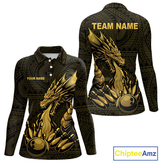 Custom Tribal pattern Gold Dragon Bowling Polo, 1/4 Zip Shirt For Women, Bowling Team League Jersey NQS10349